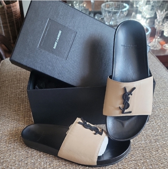 Saint Laurent Women's Black and Tan Slides - Picture 1 of 10